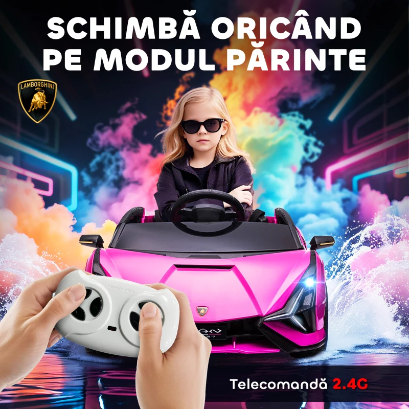 HOMCOM Macchina Elettrica per Bambini 3-5 Anni Lamborghini 12V con Telecomando e Velocità 3-8km/h, Rosa