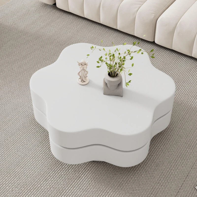Tavolino da salotto a forma di fiore con piano girevole a 360° e 2 ripiani, 74.8x67.5x31 cm, Beige