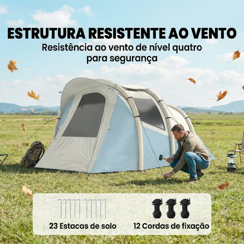Outsunny Tenda de Campismo Insuflável 2-3 Pessoas com Bomba Quarto e Área de Estar Impermeável 3000 mm Montagem Rápida Azul Claro