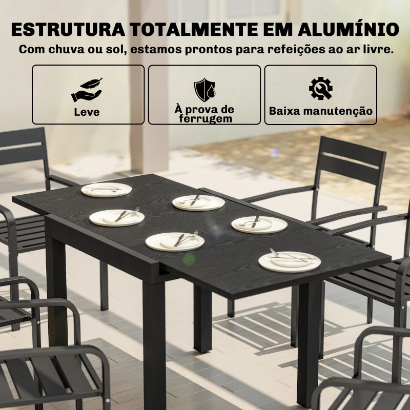 Outsunny Mesa de Jantar Exterior Extensível 80/160 cm para 4-6 Pessoas de Alumínio com Tampo de Ripas Efeito Madeira Preto