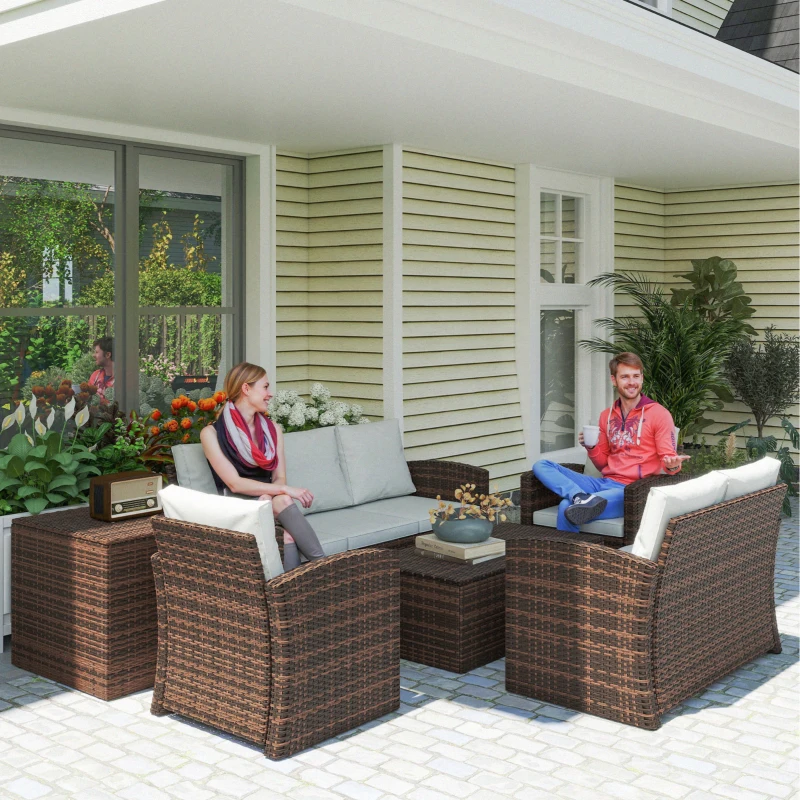 Outsunny Conjunto de Jardim Exterior de Vime 6 Peças Almofadas Sofá Duplo Sofá de 3 Lugares 2 Poltronas 2 Mesas Auxiliares Bege