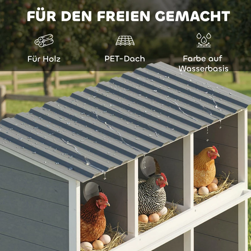 PawHut Legenest für Hühner, erhöhtes Hühnernest aus Holz mit 6 Fächer, 2 Sitzstangen für Kleintierstall 102 x 50 x 91 cm, Grau