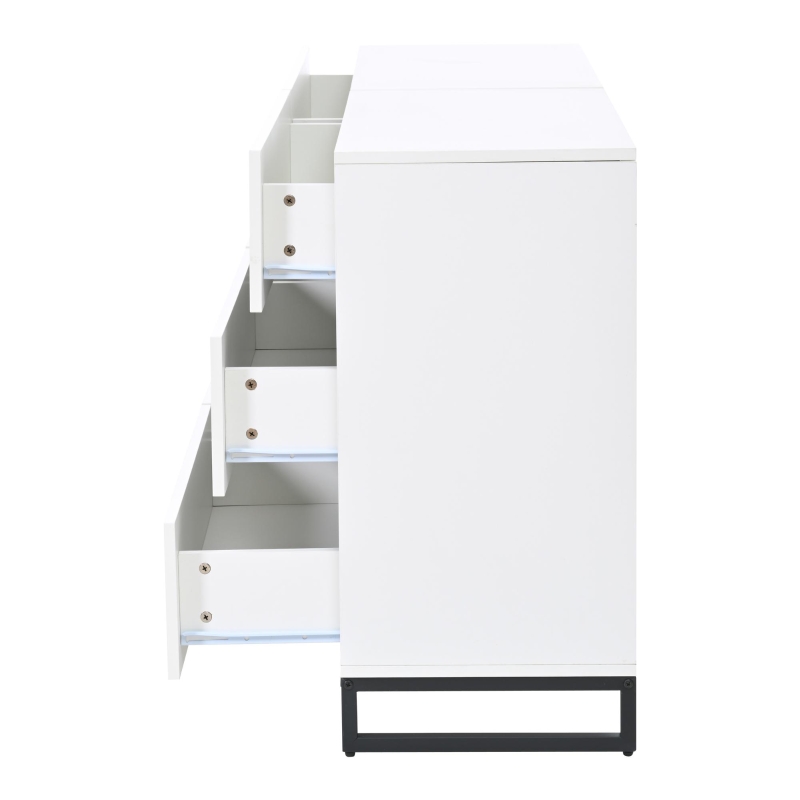 Madia per soggiorno con 6 cassetti, 3 gambe metalliche robuste, 140x39,5x78,5 cm, Bianco+Nero