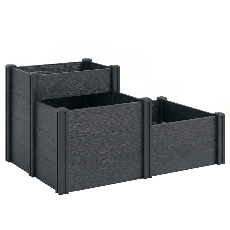Outsunny Jardinière surélevée, lit de jardin à 3 niveaux avec fond ouvert pour fleurs, légumes, 120 x 80 x 64 cm, effet bois gris