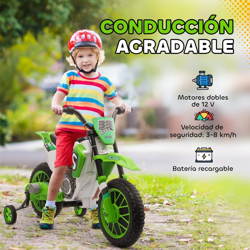 HOMCOM Moto Eléctrica para Niños de +3 Años 12V Moto de Juguete Infantil con 2 Ruedas de Equilibrio Velocidad 3-8 km/h Arranque Suave 106,5x51,5x68 cm Verde