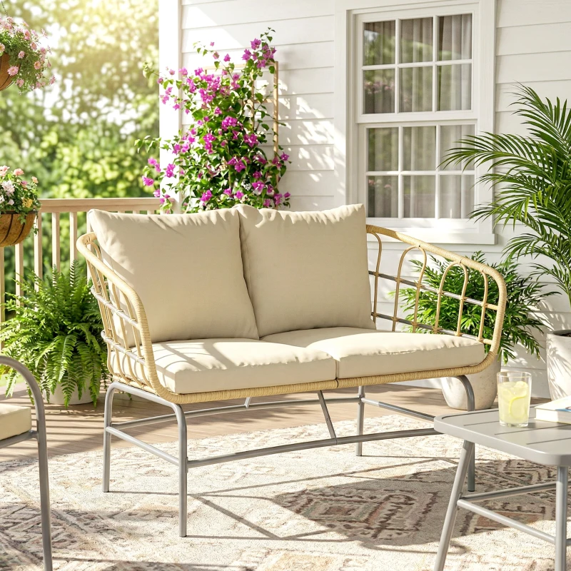 Outsunny Divano da Giardino 2 Posti in Resina Intrecciata con Cuscini Spessi, Antiscivolo, 120x67x79 cm, Marrone