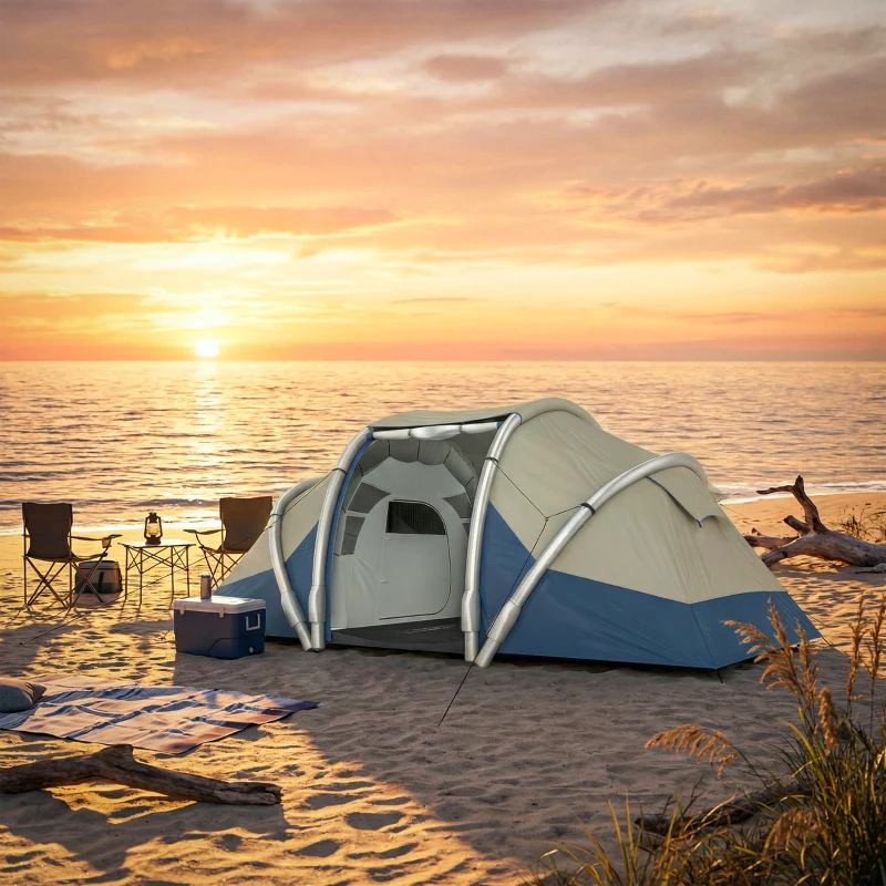 Outsunny Cort gonflabil 4 persoane Montare rapidă Camping exterior cu 2 dormitoare, ferestre din plasă, pridvor