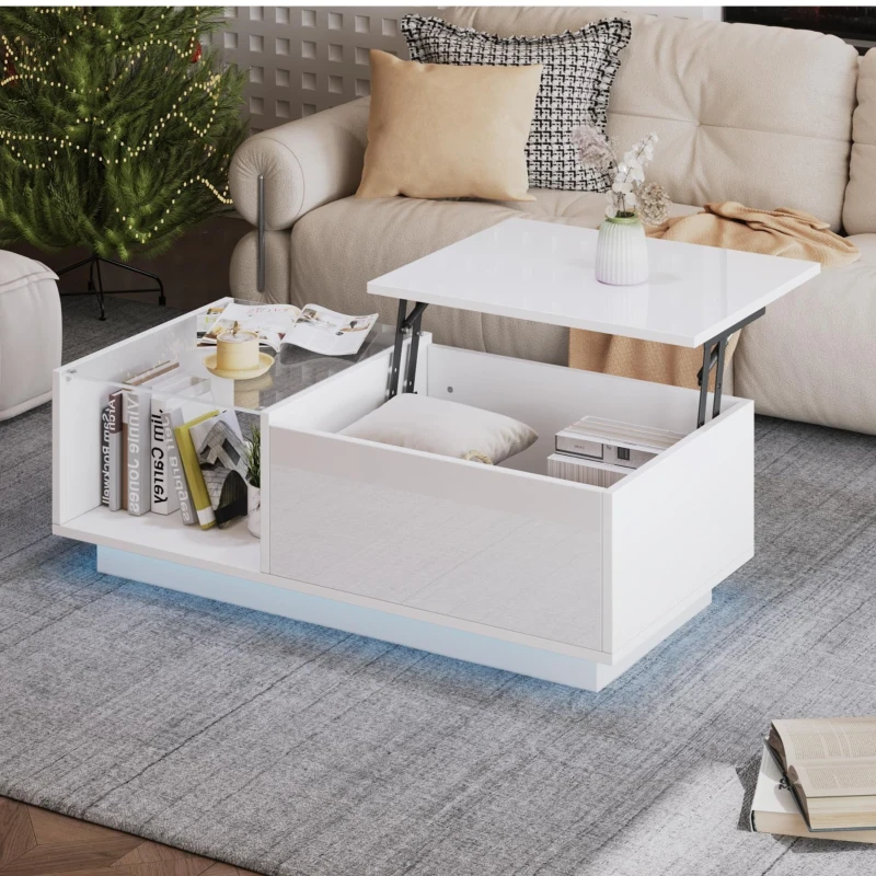 Tavolino da salotto regolabile in altezza a LED con spazio a scomparsa, 100x50x33 cm, Bianco