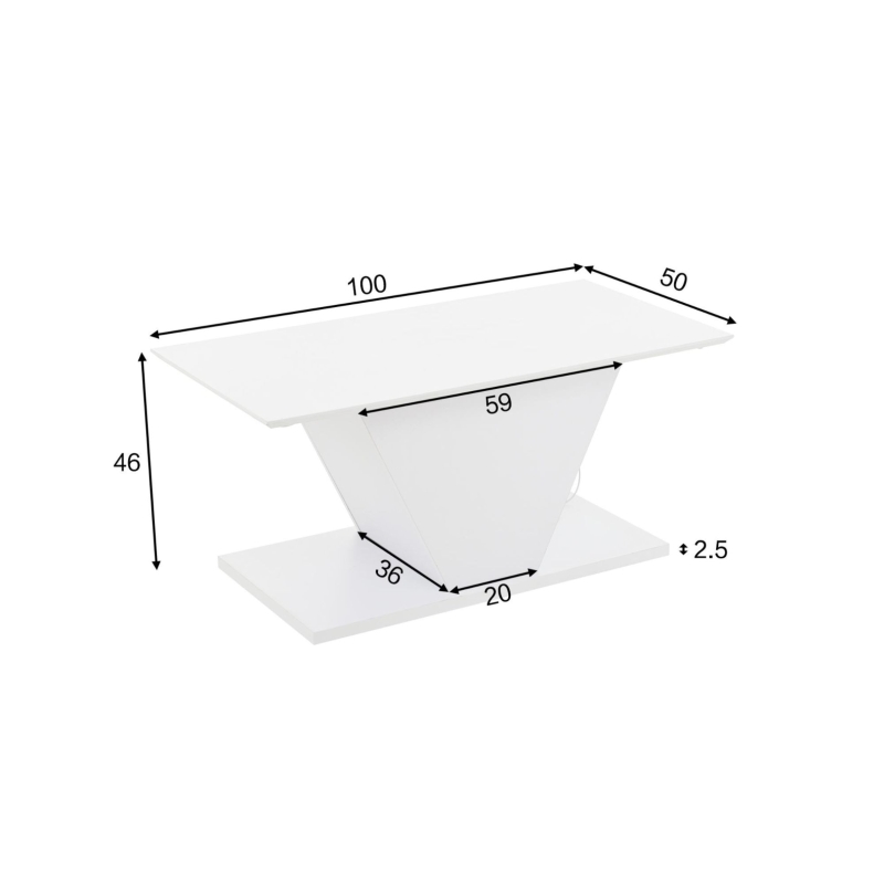 Tavolino da salotto a V con striscia LED e piano lucido, in truciolato, 100x50x46 cm, Bianco