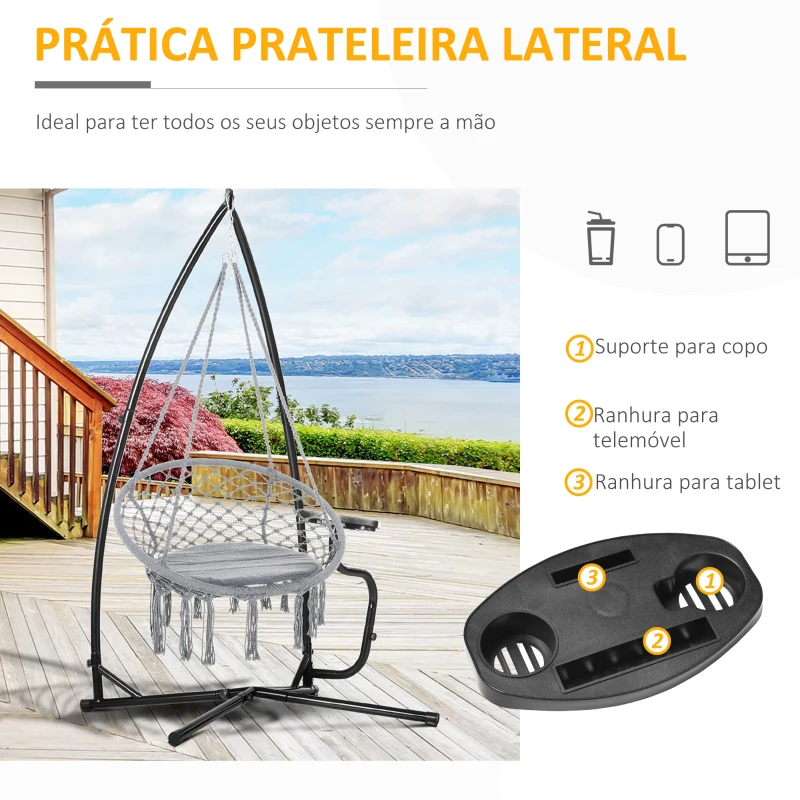 Outsunny Suporte para cadeira suspensa Suporte giratório de 190 cm com mesa lateral carga máx.120kg Estrutura metálica para jardim de pátio Preto