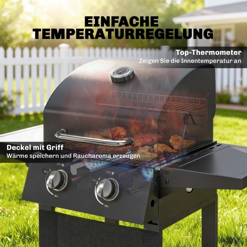 Outsunny Gasgrill 5,4 KW 2 Brenner Stahl BBQ Grillwagen inkl klappbar Seitentisch Thermometer verchromter Grillrost Warmhalterost