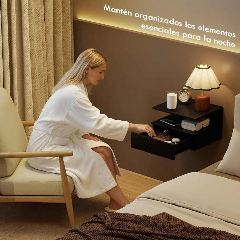 HOMCOM Juego de 2 Mesitas de Noche Flotantes, Mesillas de Noche Dormitorio con Cajón, Estante Abierto, Ahorra Espacio, Diseño Moderno, para Sala de Estar, 35x32x22,5 cm, Negro