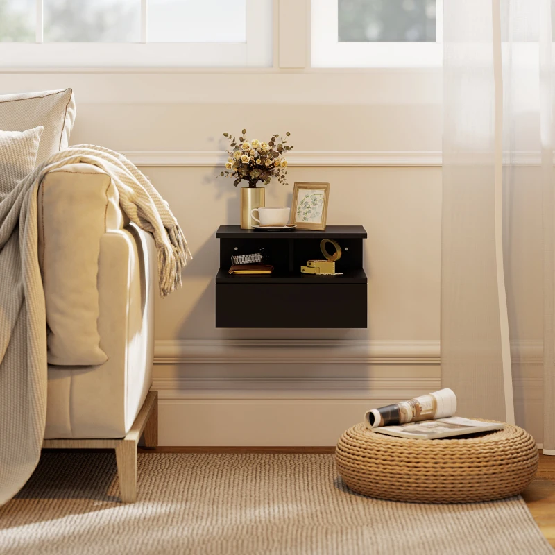 HOMCOM Set da 2 Comodini Sospesi per Camera da Letto con Cassetto e Mensola Superiore in Legno 35x32x22.5cm