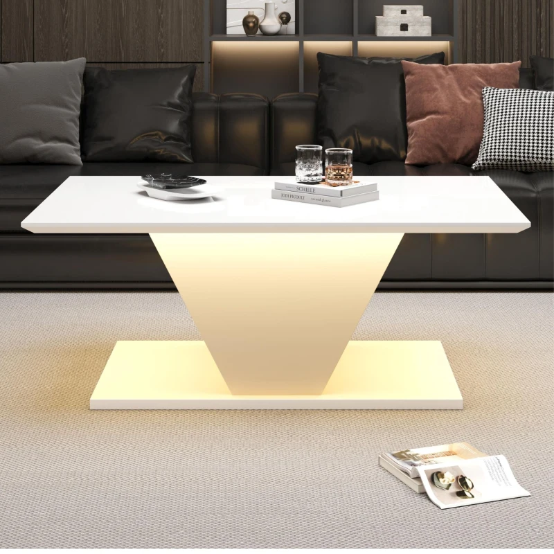 Tavolino da salotto a V con striscia LED e piano lucido, in truciolato, 100x50x46 cm, Bianco