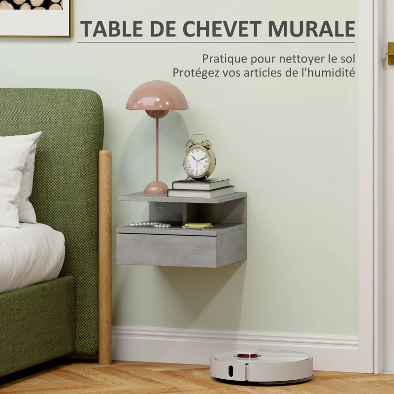 HOMCOM Lot de 2 tables de chevet murales tables de nuit tiroir coulissant, niche, plateau, 35 x 32 x 22,5 cm gris