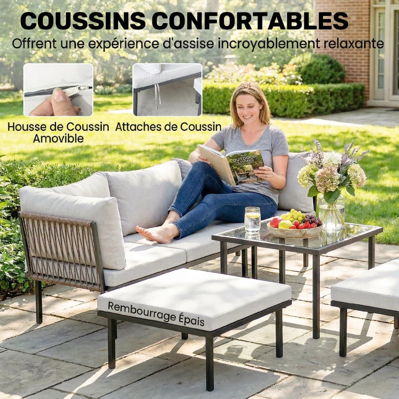 Outsunny Salon de jardin extérieur d'angle modulable 6 personnes, table basse avec plateau en verre trempé, gris clair