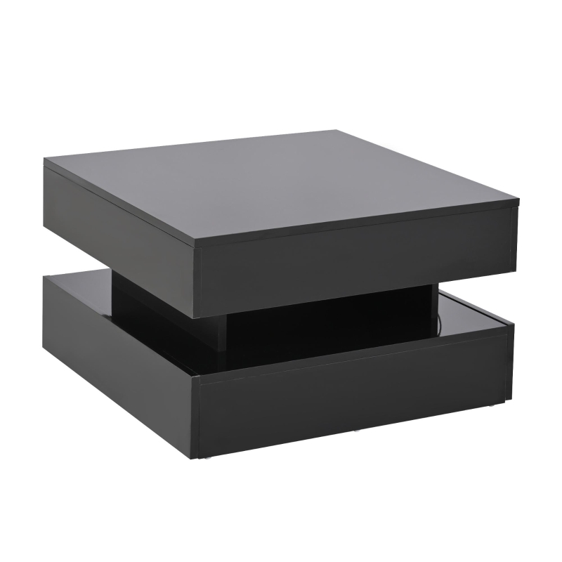 Tavolino da salotto regolabile in altezza a LED, 2 cassetti e spazio portaoggetti, 65x65x38.5 cm, Nero