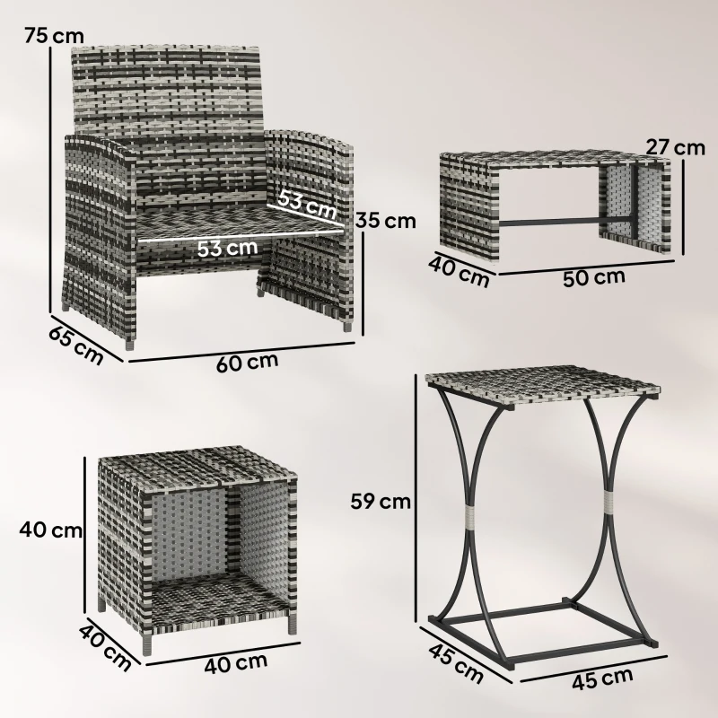 Outsunny 6 Piece Rattan Garden Furniture, Space-Saving Patio Furniture Set with Nesting Tables, Chairs, Stools, Cushions, Grey