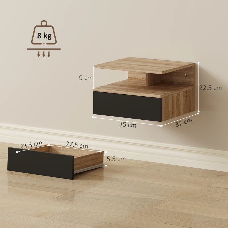 HOMCOM Set di 2 Comodini Sospesi Moderni con Cassetto e Mensola Superiore, 35x32x22.5cm, Rovere e Nero