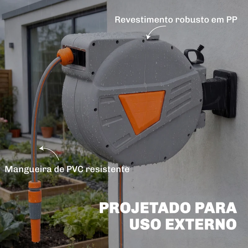Outsunny Carretel de Mangueira para Jardim 30+2 m com Bocal de 2 Modos Bloqueio Automático e Retracção Orientável 180° Laranja