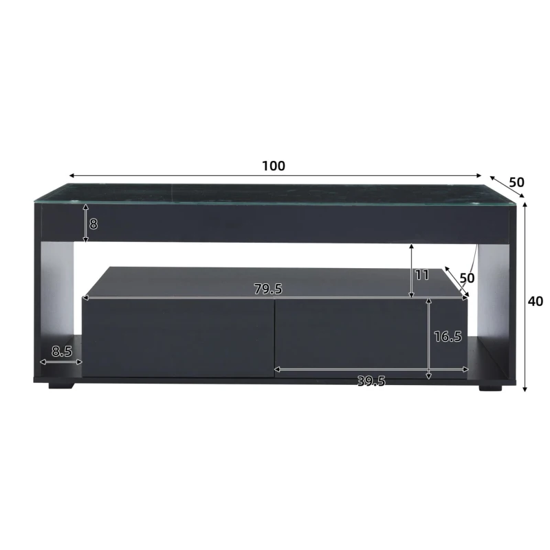 Tavolino da caffè moderno a LED a 2 livelli con cassetti, 100x50x40 cm, Nero