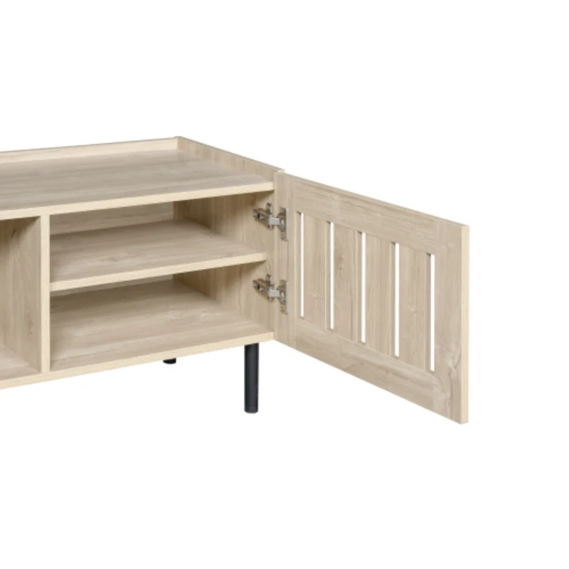 Mobile basso con ante a lamelle, foro passacavi e gambe in metallo, 160x40x47 cm, Color legno