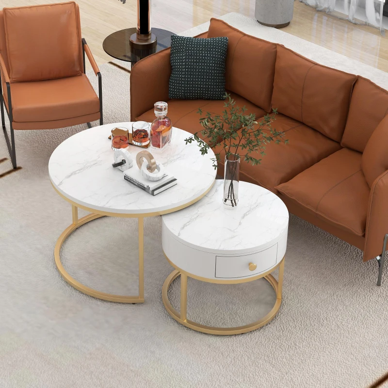 Set 2 tavolini moderni annidati in metallo effetto oro, 70x70x48 cm/50x50x43.5 cm, Bianco