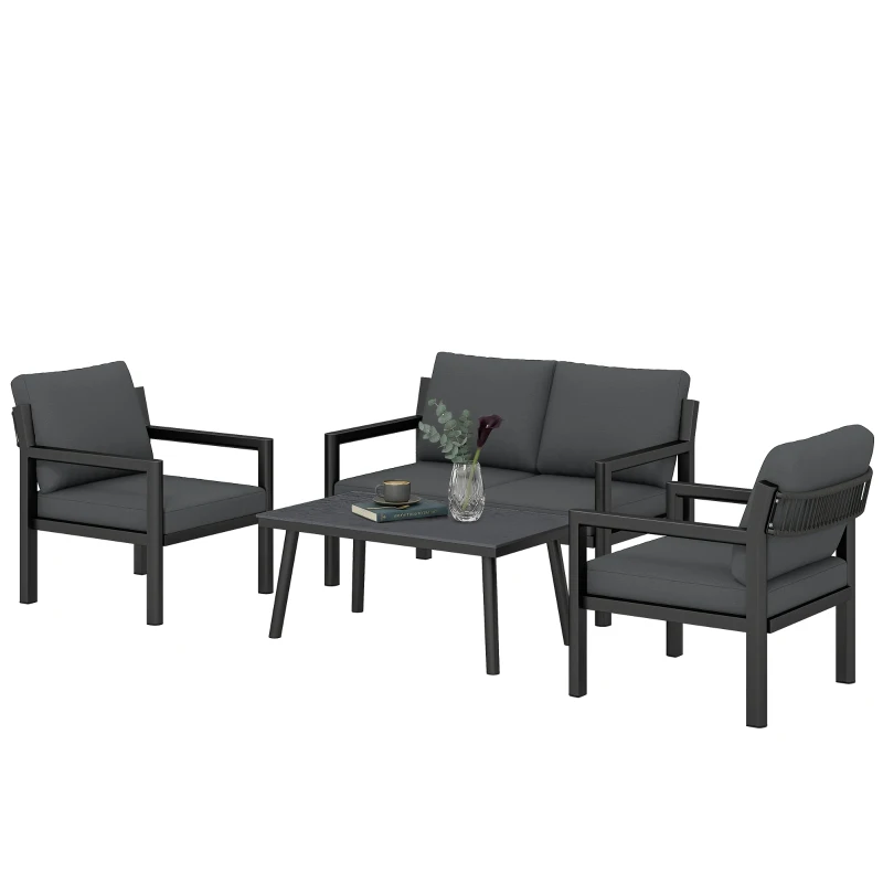 Outsunny 4 Seater Rattan Garden Furniture Set with 2 Armchairs, Loveseat, Coffee Table, Garden Sofa Set with Cushions, Dark Grey