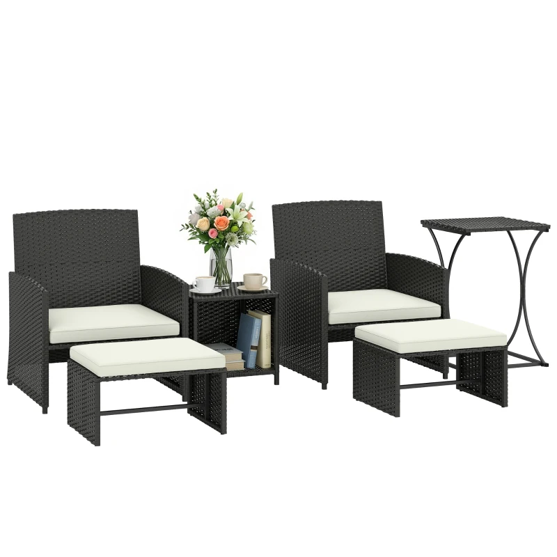 Outsunny 6 Piece Rattan Garden Furniture, Space-Saving Patio Furniture Set with Nesting Tables, Chairs, Stools, Cushions, Black
