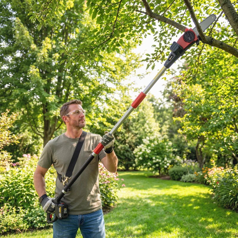 Outsunny Motosserra Elétrica Extensível 1,94-2,56 m com 2 Baterias de 4,0 Ah, Carregador Duplo Bloqueio e Lubrificação Automática