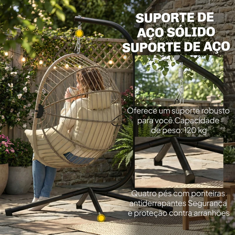 Outsunny Cadeira Suspensa Cadeira Rede Balanço Interior e Exterior Cesto Dobrável Almofada Acolchoada Cáqui
