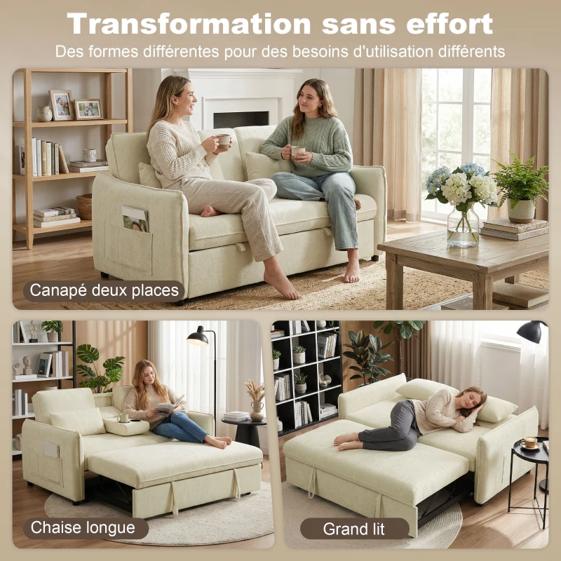 HOMCOM Canapé convertible 2 places 3 en 1, canapé-lit clic clac en chenille avec dossier réglable, porte-gobelets, beige