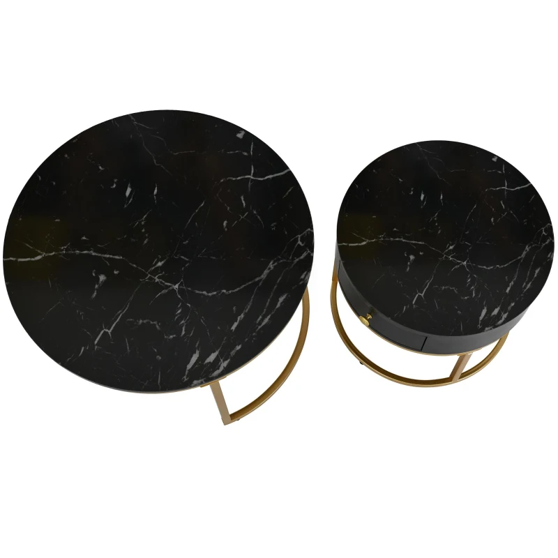 Set 2 tavolini moderni annidati in metallo effetto oro, 70x70x48 cm/50x50x43.5 cm, Nero