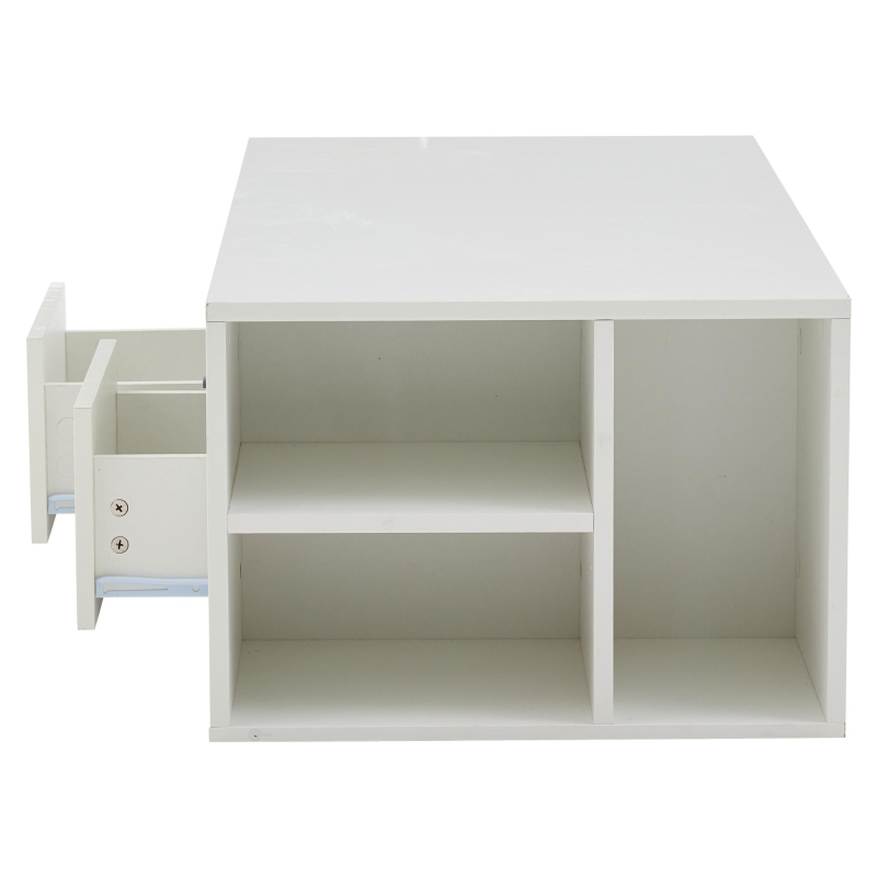 Tavolino da salotto a LED con 2 cassetti e ripiani semiaperti, 100x50x35 cm, Bianco