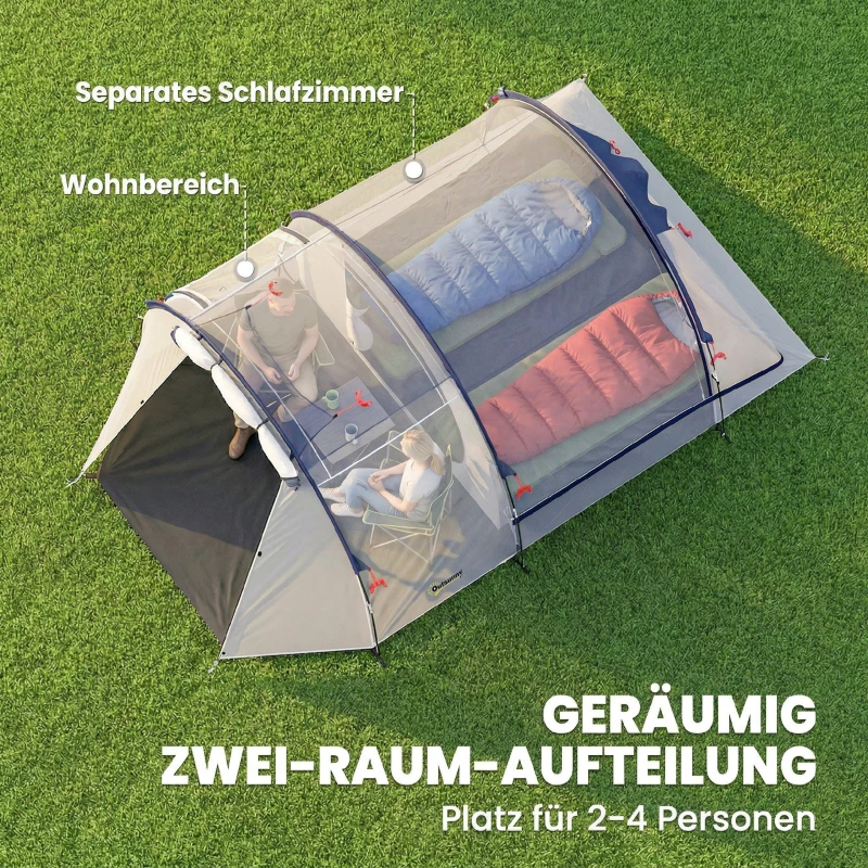 Outsunny Namiot tunelowy 4-osobowy, namiot rodzinny z sypialnią i salonem, okna, mata podłogowa, 3000 mm słupa wody