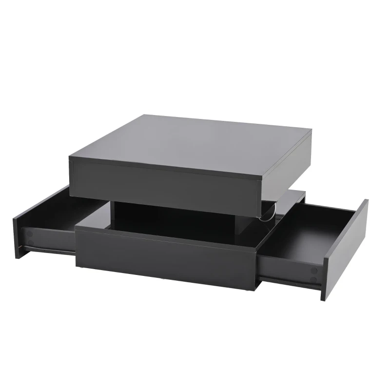 Tavolino da salotto regolabile in altezza a LED, 2 cassetti e spazio portaoggetti, 65x65x38.5 cm, Nero