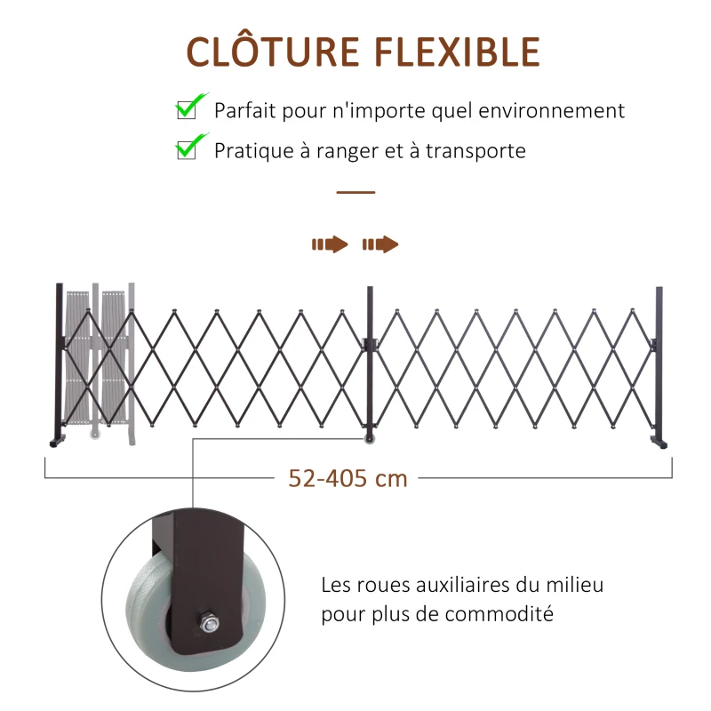 Outsunny Barrière Extensible rétractable barrière de sécurité avec Roulette 405L x 31l x 104H cm alu métal Chocolat(m-5)
