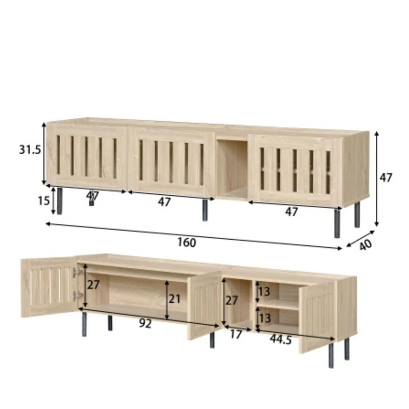 Mobile basso con ante a lamelle, foro passacavi e gambe in metallo, 160x40x47 cm, Color legno