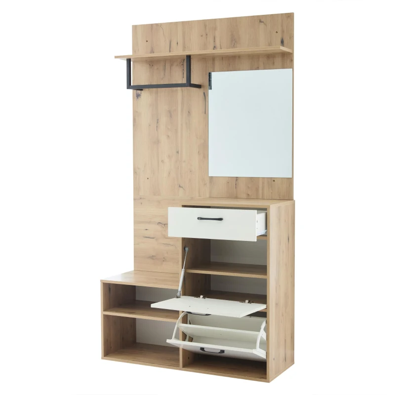 Mobile guardaroba con specchio e panca portascarpe, cassetto, 2 ante ribaltabili e 2 ripiani semiaperti, 100x38.5x190 cm, Bianco e Color legno