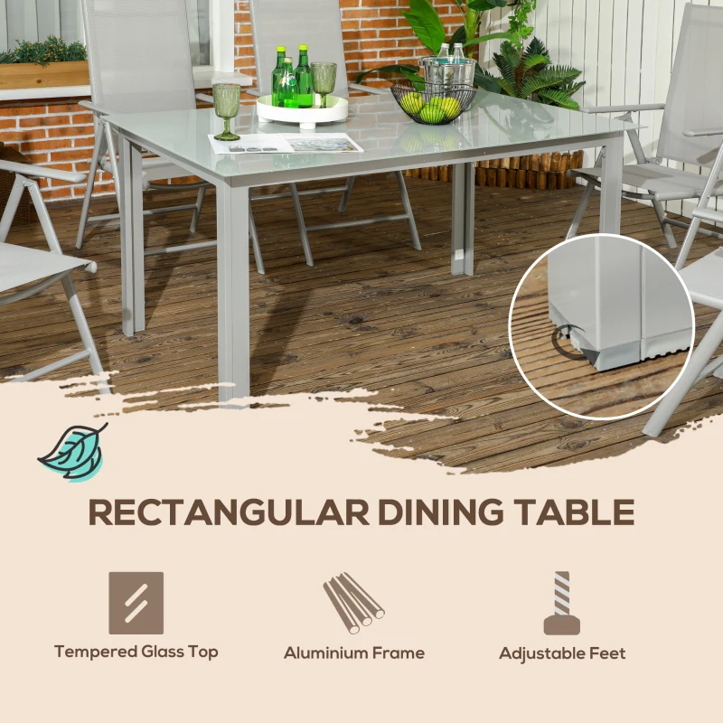 Outsunny 7 Piece Garden Dining Set, Outdoor Table and 6 Folding and Reclining Chairs, Aluminium Frame, Tempered Glass Top Table, Texteline Seats, Grey