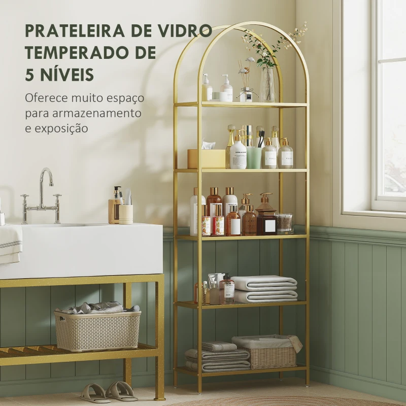 HOMCOM Estante de Vidro de 5 Níveis Estante de Arrumação Estrutura Arqueada Estante Estreita 60x30x175 cm Dourado