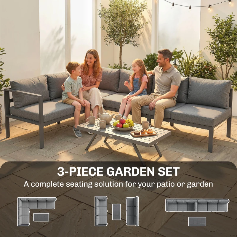 Outsunny 3 Pieces Garden Furniture Set, Aluminium Corner Lounge Set with Adjustable Backrest and Coffee Table