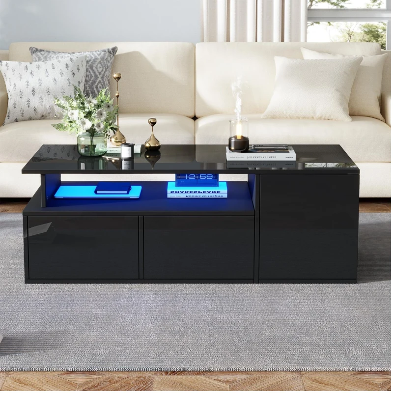 Tavolino da salotto a LED a 2 cassetti con ripiani semiaperti, 100x50x35 cm, Nero