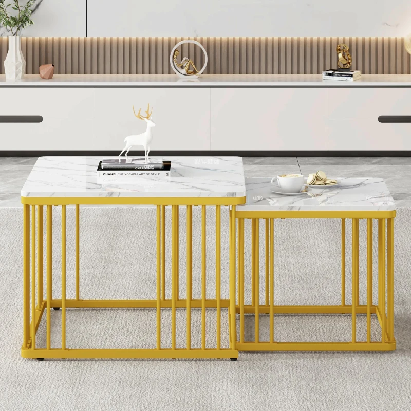 Set 2 tavolini quadrati da salotto con piedini regolabili, 60x60x45 cm/45x45x40 cm, Bianco