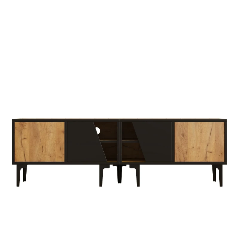 Mobile TV basso con 4 ripiani e 7 piedini, 160x36.5x45 cm, Color legno e Nero
