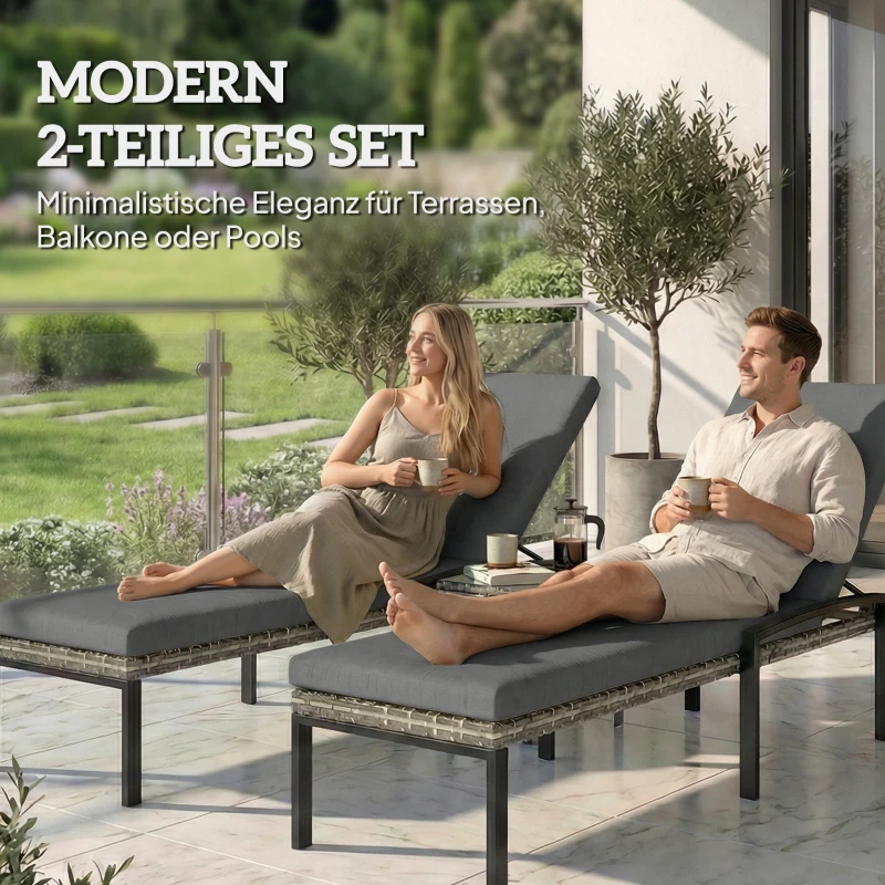 Outsunny 2er Set Sonnenliege Polyrattan Gartenliege mit 5-Fach verstellbar Rückenlehne Auflage bis 120kg Hellgrau