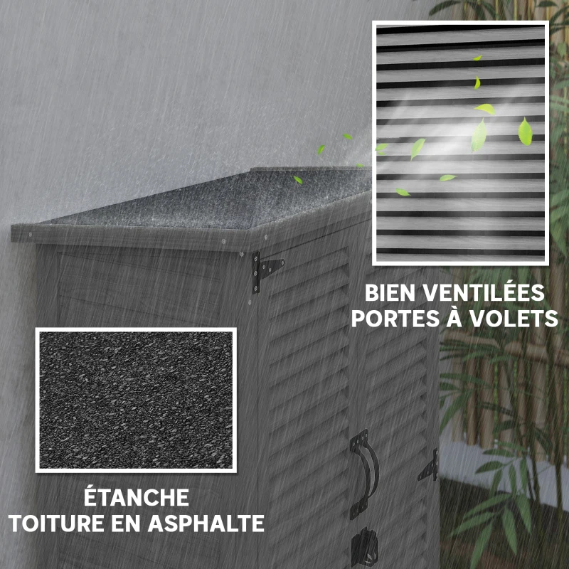 Outsunny Armoire de Jardin Remise Pour Outils en Bois 2 Étagères Toit Bitumé Portes Persiennes Verrouillable 75 x 50 x 118cm Gris