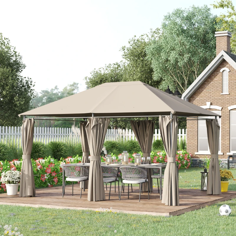 Outsunny Cenador de Jardín 4x3 m con 6 Paredes Laterales 8 Orificios de Drenaje y Marco de Acero para Fiestas Patio Caqui