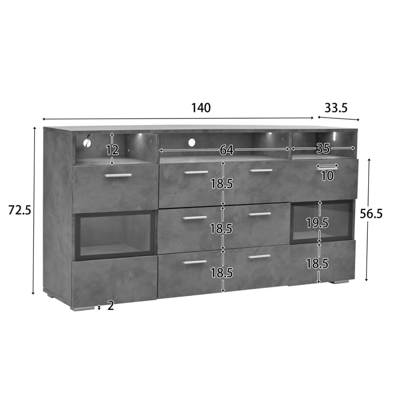 Credenza moderna, 3 cassetti e 3 vani a giorno, 140L x 33,5P x 72,5A cm, Grigio