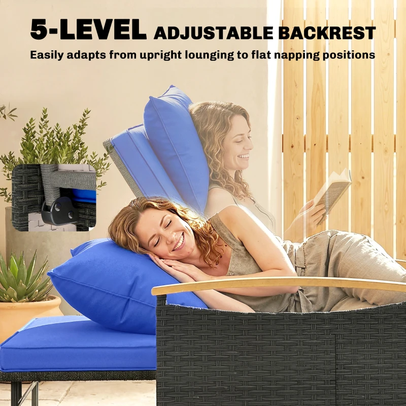 Outsunny Double Garden Rattan Daybed, Wicker Sun Bed Chaise Lounger with Storage Ottoman, 4-Level Adjustable Backrest, Brown